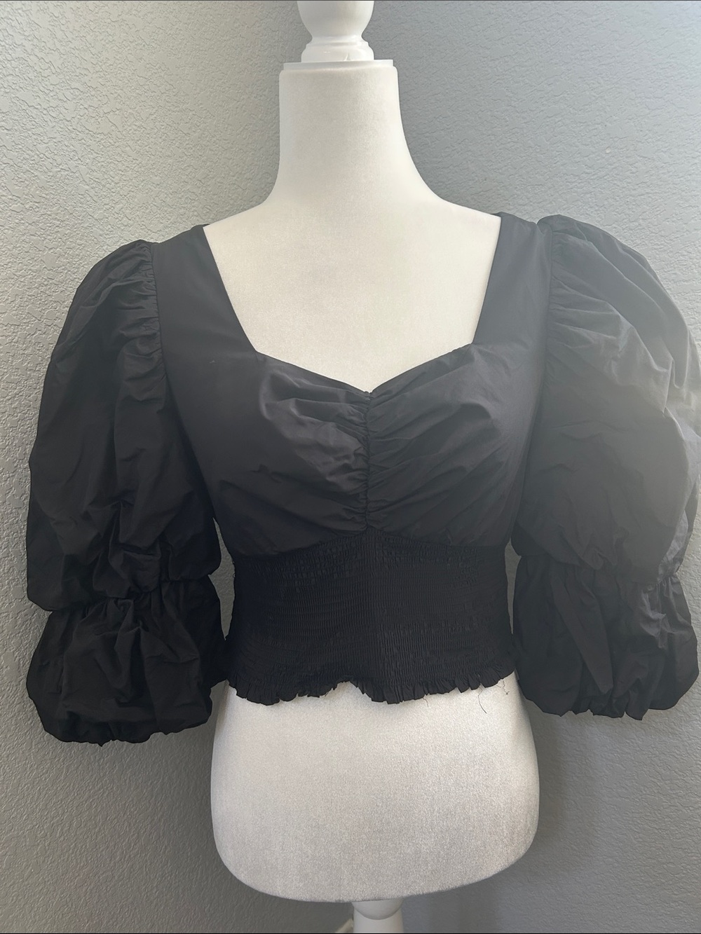 Topshop Black Puff Sleeve Smocked Crop Top with Square Neck